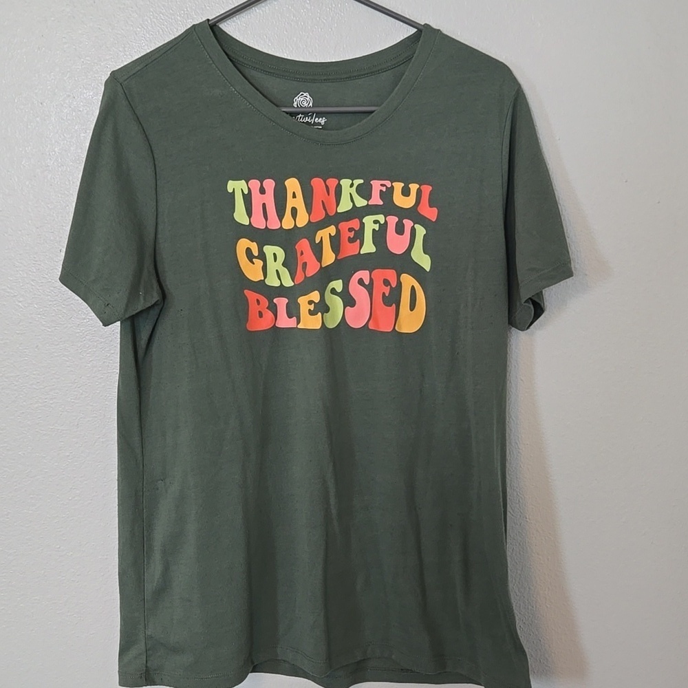 PositiviTees | Green "Thankful" Graphic Tee Size Large